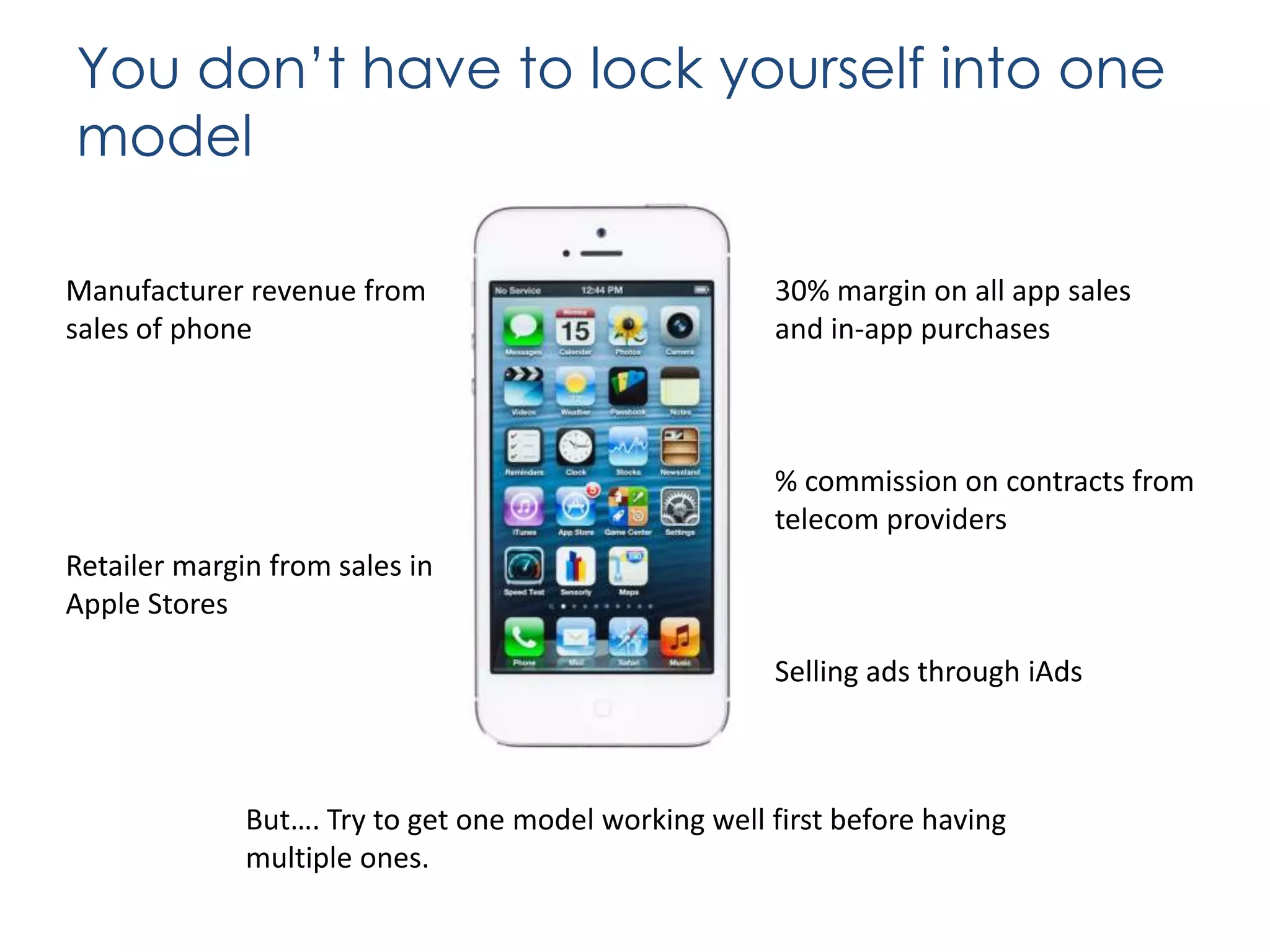 You don’t have to lock yourself into one
model
Manufacturer revenue from
sales of phone

30% margin on all app sales
and in-app purchases

% commission on contracts from
telecom providers
Retailer margin from sales in
Apple Stores
Selling ads through iAds

But…. Try to get one model working well first before having
multiple ones.

 