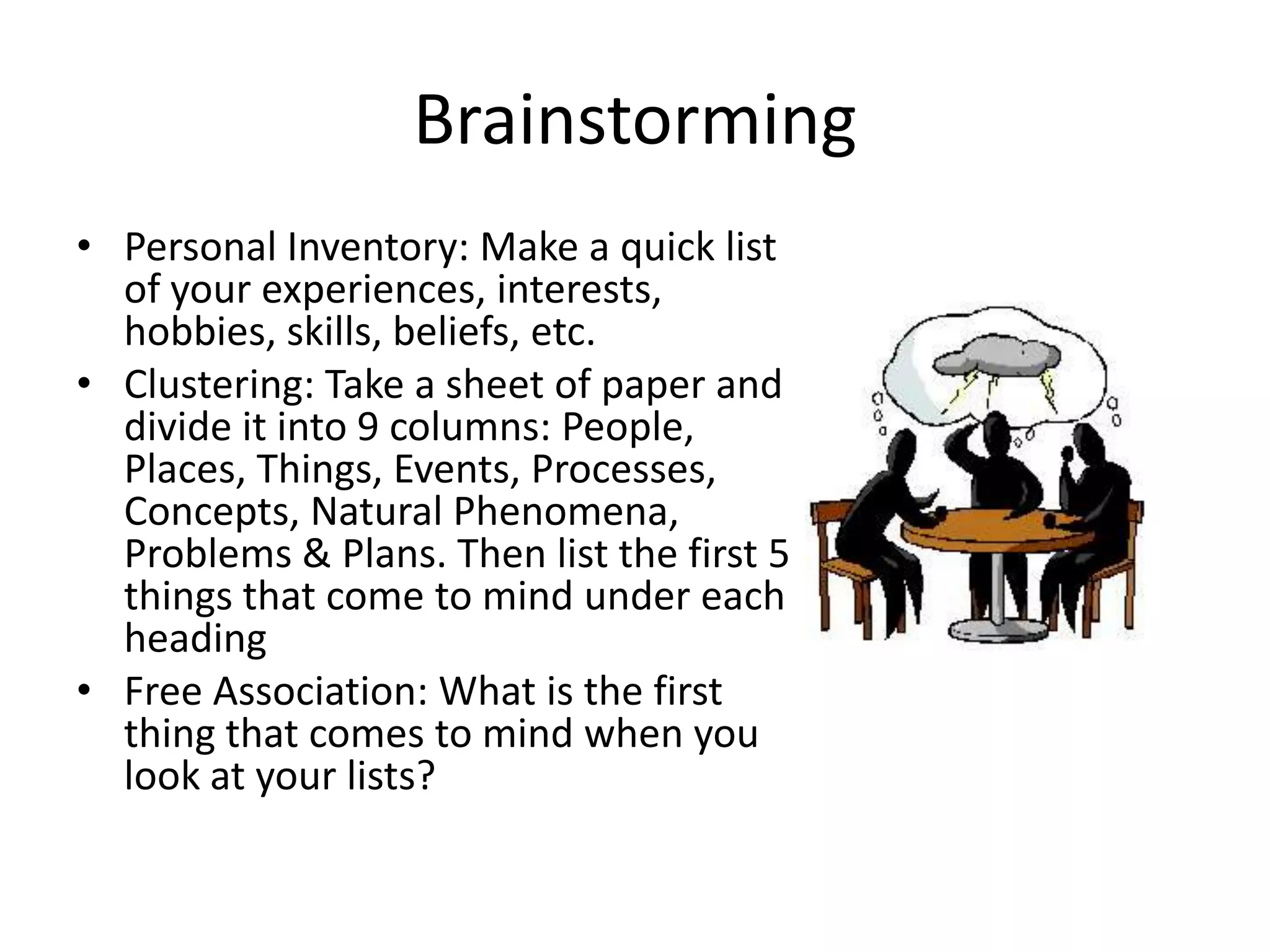 Brainstorming
• Personal Inventory: Make a quick list
of your experiences, interests,
hobbies, skills, beliefs, etc.
• Clustering: Take a sheet of paper and
divide it into 9 columns: People,
Places, Things, Events, Processes,
Concepts, Natural Phenomena,
Problems & Plans. Then list the first 5
things that come to mind under each
heading
• Free Association: What is the first
thing that comes to mind when you
look at your lists?

 
