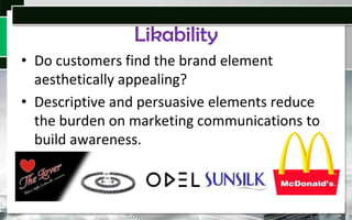 Likability
• Do customers find the brand element
aesthetically appealing?
• Descriptive and persuasive elements reduce
the burden on marketing communications to
build awareness.

 