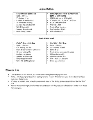 Android Tablets

         •   Google Nexus - $199 & up                  •   Samsung Galaxy Tab 2 - $249 (low as
         •   1280 x 800 res.                               $179) or $400 ($299)
         •   7” display, 12 oz.                        •   1042 X 600 res. or 1280 x800
         •   8 GB or 16 GB memory                      •   7” display, 12.2 oz. or 10”, 1.25 lbs
         •   10 hours of e-reading                     •   8 - 16 GB but has slot
         •   Android 4.2 Jelly Bean OS                 •   Android 4.0 OS
         •   Wifi & Bluetooth                          •   Front & Rear cameras
         •   Speaker & audio jack                      •   Dual speakers & jack
         •   Front-facing camera                       •   Wifi & bluetooth


                                            iPad & iPad Mini

         •   iPad 4th Gen. - $499 & up                 •   iPad Mini - $329 & up
         •   2048 x 1536 res.                          •   1,024 x 768 res.
         •   9.7” display, 1.4 lbs                     •   7.9” display, 10.8 oz
         •   Front & rear cameras with video           •   16 GB & up
         •   10 hour battery life                      •   Front & rear cameras with video
         •   Dual core processor                       •   10 hour battery life
         •   Speaker & audio jack                      •   Speaker & audio jack
         •   Largest app selection                     •   Wifi – 4G & LTE optional
         •   Wifi – 4G & LTE optional                  •   Great app selection!




Wrapping It Up

  •   Lots of others on the market, but these are currently the most popular ones.
  •   Make a list of your priorities when looking for an e-reader. Then narrow your choice down to those
      that meet that criteria.
  •    It’s best to actually have a hands-on demonstration of the device so you can see if you like the “feel”
      of it.
  •   Realize that something flashier will be released soon, but the products out today are better than those
      from last year.
 