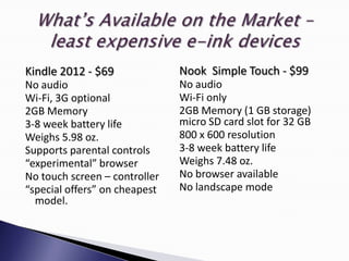 Kindle 2012 - $69              Nook Simple Touch - $99
No audio                       No audio
Wi-Fi, 3G optional             Wi-Fi only
2GB Memory                     2GB Memory (1 GB storage)
3-8 week battery life          micro SD card slot for 32 GB
Weighs 5.98 oz.                800 x 600 resolution
Supports parental controls     3-8 week battery life
“experimental” browser         Weighs 7.48 oz.
No touch screen – controller   No browser available
“special offers” on cheapest   No landscape mode
  model.
 