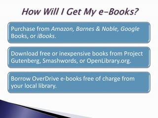 Purchase from Amazon, Barnes & Noble, Google
Books, or iBooks.

Download free or inexpensive books from Project
Gutenberg, Smashwords, or OpenLibrary.org.

Borrow OverDrive e-books free of charge from
your local library.
 
