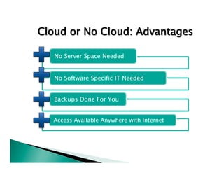 Cloud or No Cloud: Advantages 
No Server Space Needed 
No Software Specific IT Needed 
Backups Done For You 
Access Available Anywhere with Internet 
 