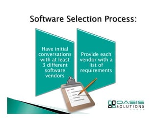 Have initial 
conversations 
with at least 
3 different 
software 
vendors 
Provide each 
vendor with a 
list of 
requirements 
 