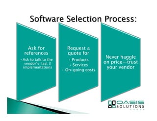 Ask for 
references 
• Ask to talk to the 
vendor’s last 3 
implementations 
Request a 
quote for 
• Products 
• Services 
• On-going costs 
Never haggle 
on price—trust 
your vendor 
 