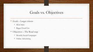 Goals vs. Objectives
• Goals – Larger visions
   • More Sales
   • Bigger Email List
• Objectives – The Road map
   • Monthly Social Campaigns
   • Online Advertising
 