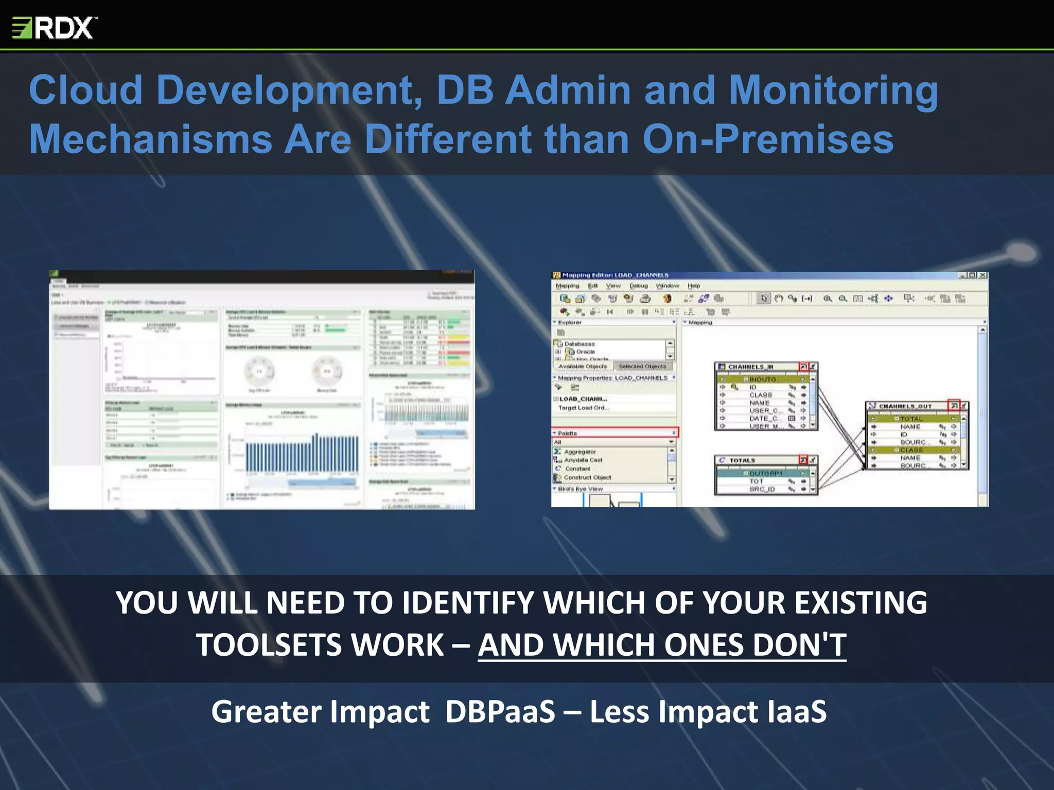 YOU WILL NEED TO IDENTIFY WHICH OF YOUR EXISTING
TOOLSETS WORK – AND WHICH ONES DON'T
Greater Impact DBPaaS – Less Impact IaaS
Cloud Development, DB Admin and Monitoring
Mechanisms Are Different than On-Premises
 