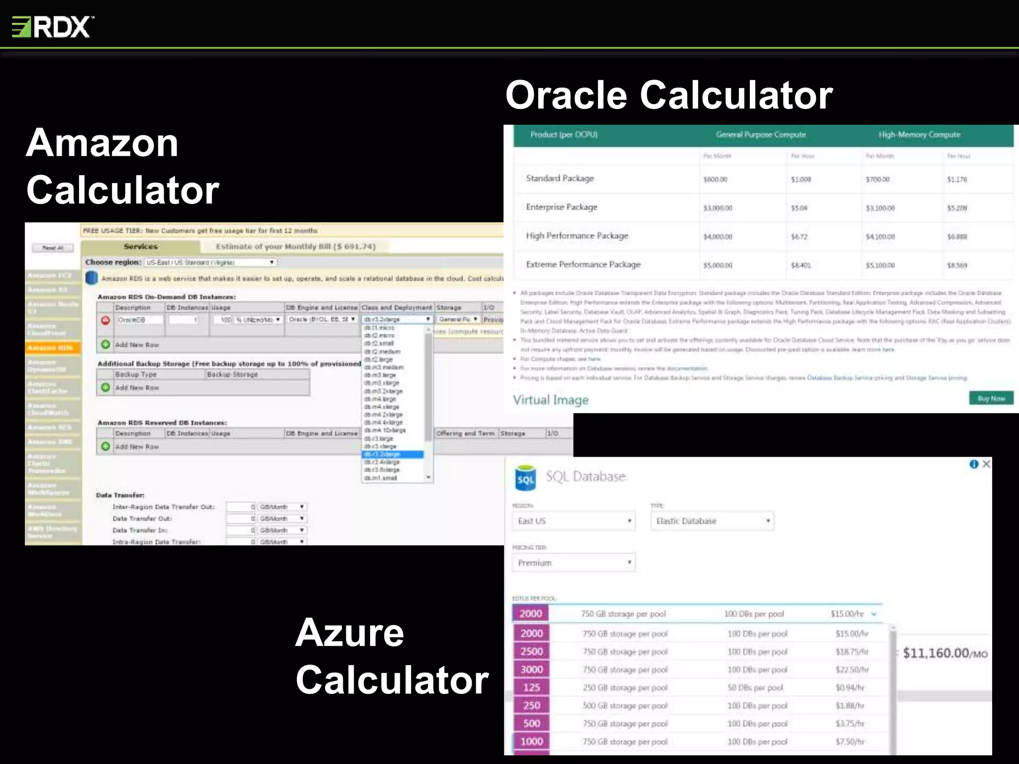 Amazon
Calculator
Azure
Calculator
Oracle Calculator
 
