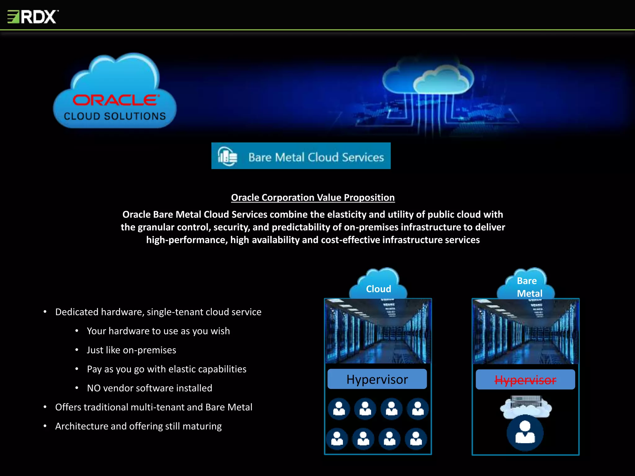 Oracle Corporation Value Proposition
Oracle Bare Metal Cloud Services combine the elasticity and utility of public cloud with
the granular control, security, and predictability of on-premises infrastructure to deliver
high-performance, high availability and cost-effective infrastructure services
• Dedicated hardware, single-tenant cloud service
• Your hardware to use as you wish
• Just like on-premises
• Pay as you go with elastic capabilities
• NO vendor software installed
• Offers traditional multi-tenant and Bare Metal
• Architecture and offering still maturing
Bare
MetalCloud
Hypervisor Hypervisor
 
