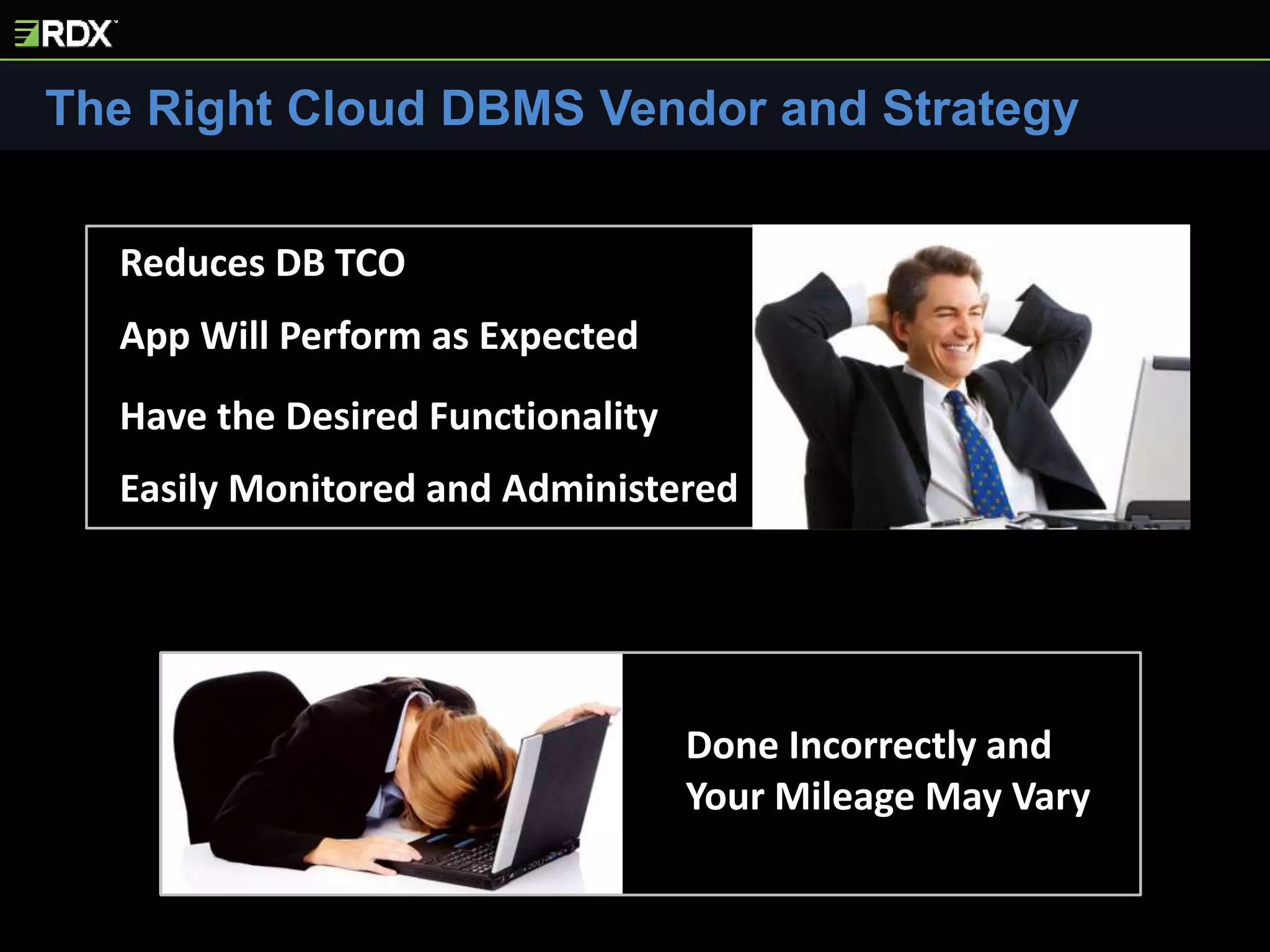The Right Cloud DBMS Vendor and Strategy
Done Incorrectly and
Your Mileage May Vary
Reduces DB TCO
App Will Perform as Expected
Have the Desired Functionality
Easily Monitored and Administered
 