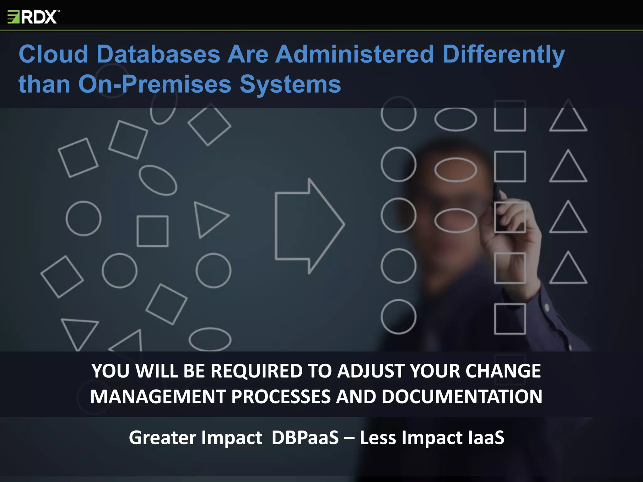 YOU WILL BE REQUIRED TO ADJUST YOUR CHANGE
MANAGEMENT PROCESSES AND DOCUMENTATION
Cloud Databases Are Administered Differently
than On-Premises Systems
Greater Impact DBPaaS – Less Impact IaaS
 