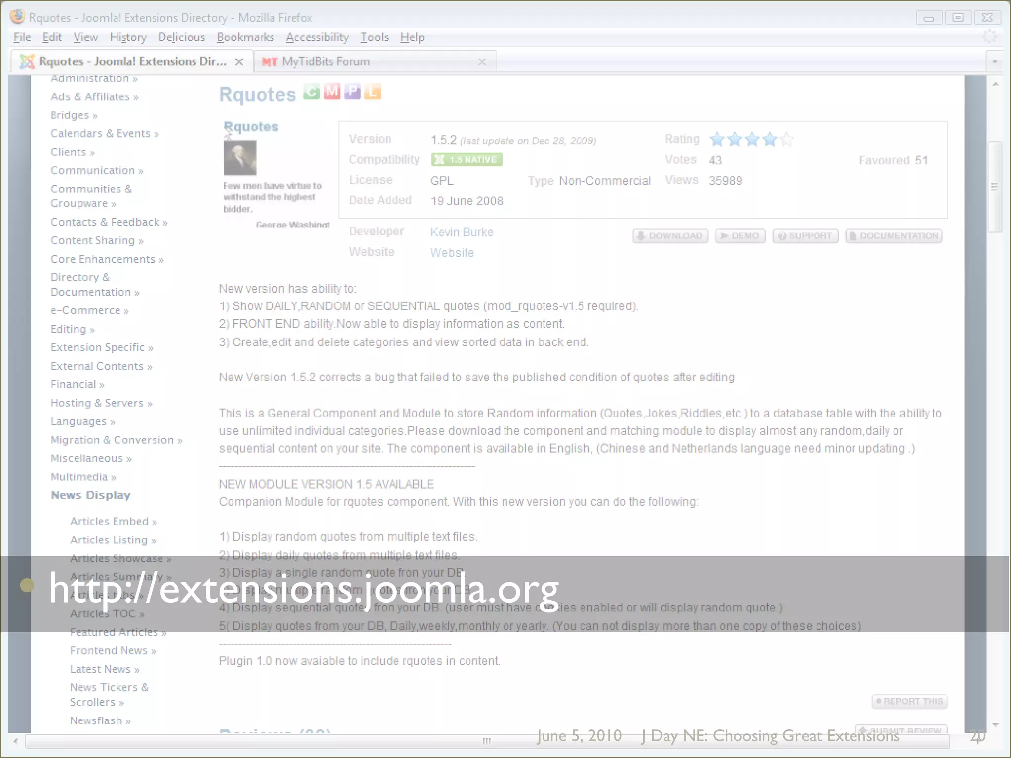 June 5, 2010J Day NE: Choosing Great Extensions20http://extensions.joomla.org