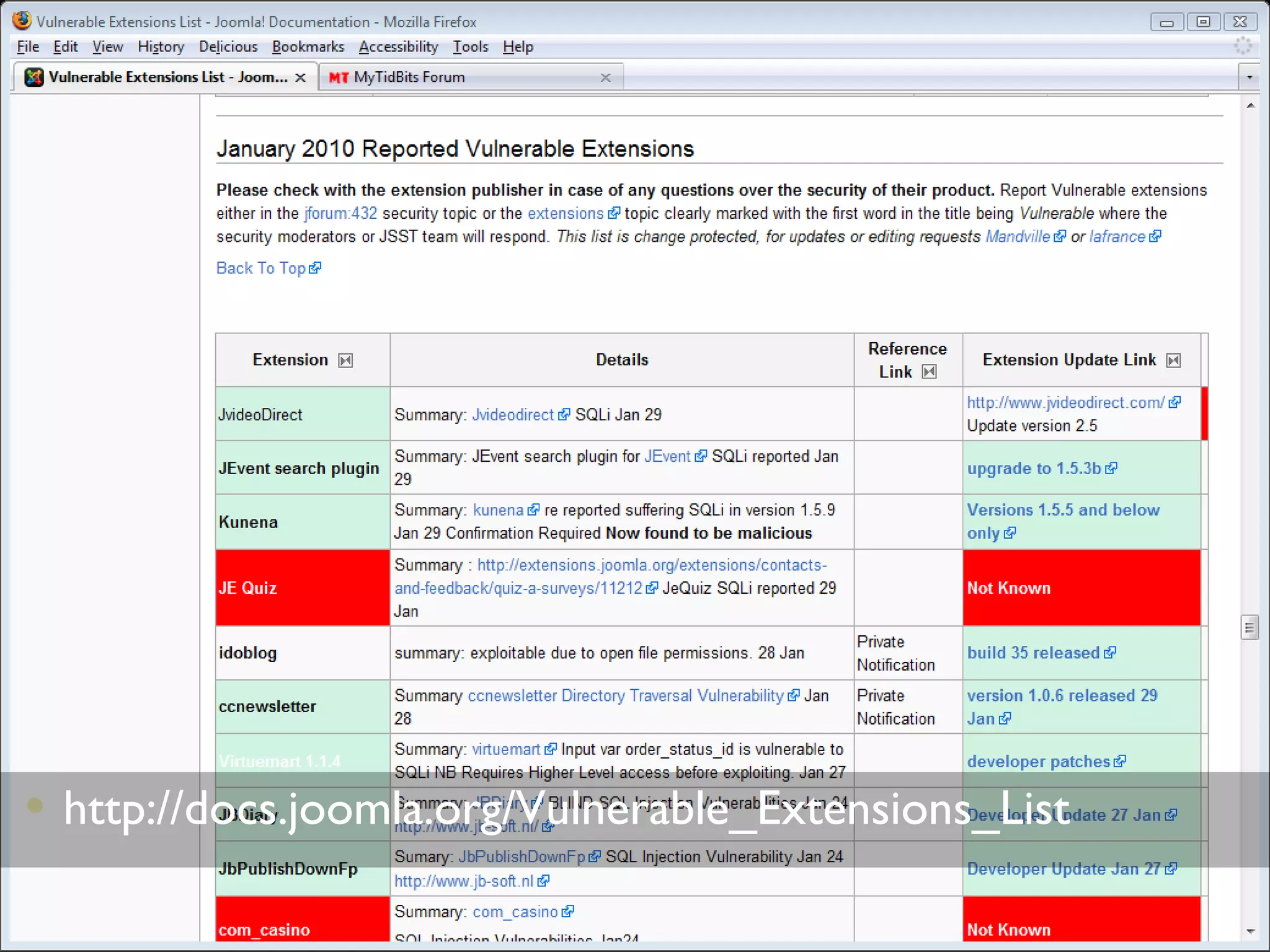 June 5, 2010J Day NE: Choosing Great Extensions21http://docs.joomla.org/Vulnerable_Extensions_List
