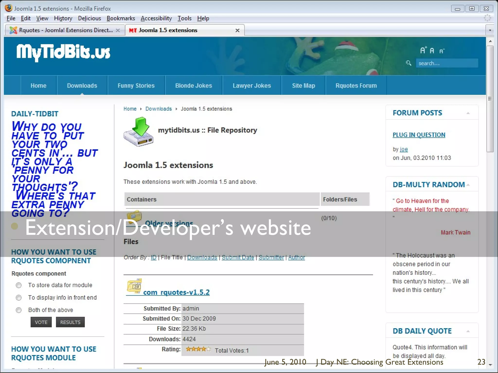 June 5, 2010J Day NE: Choosing Great Extensions23Extension/Developer’s website