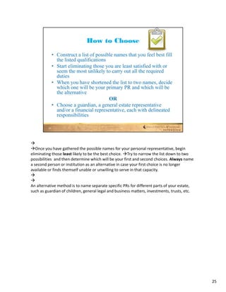 
Once you have gathered the possible names for your personal representative, begin 
eliminating those least likely to be the best choice. Try to narrow the list down to two 
possibilities and then determine which will be your first and second choices. Always name 
a second person or institution as an alternative in case your first choice is no longer 
available or finds themself unable or unwilling to serve in that capacity.


An alternative method is to name separate specific PRs for different parts of your estate, 
such as guardian of children, general legal and business matters, investments, trusts, etc.




                                                                                              25
 