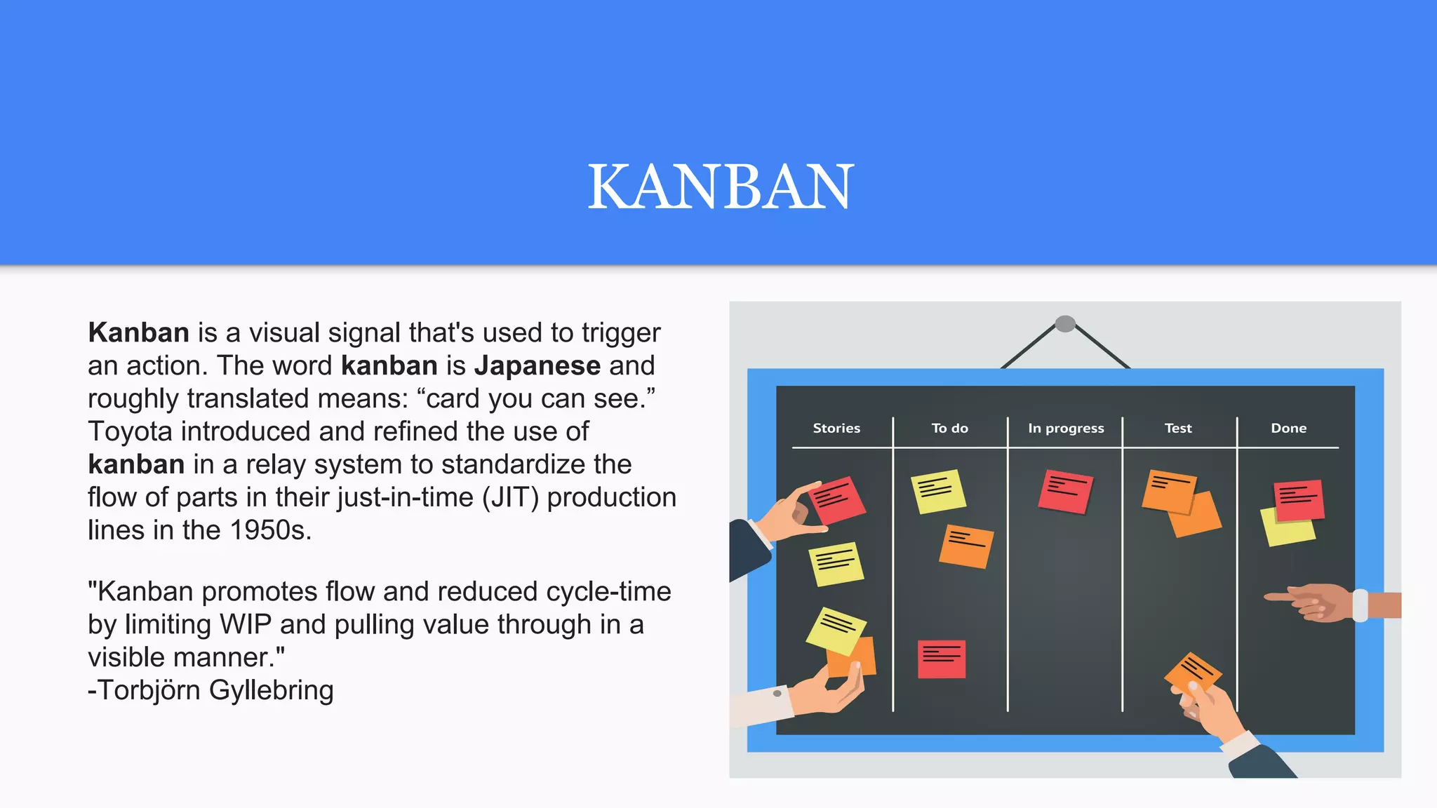 KANBAN
Kanban is a visual signal that's used to trigger
an action. The word kanban is Japanese and
roughly translated means: “card you can see.”
Toyota introduced and refined the use of
kanban in a relay system to standardize the
flow of parts in their just-in-time (JIT) production
lines in the 1950s.
"Kanban promotes flow and reduced cycle-time
by limiting WIP and pulling value through in a
visible manner."
-Torbjörn Gyllebring
 