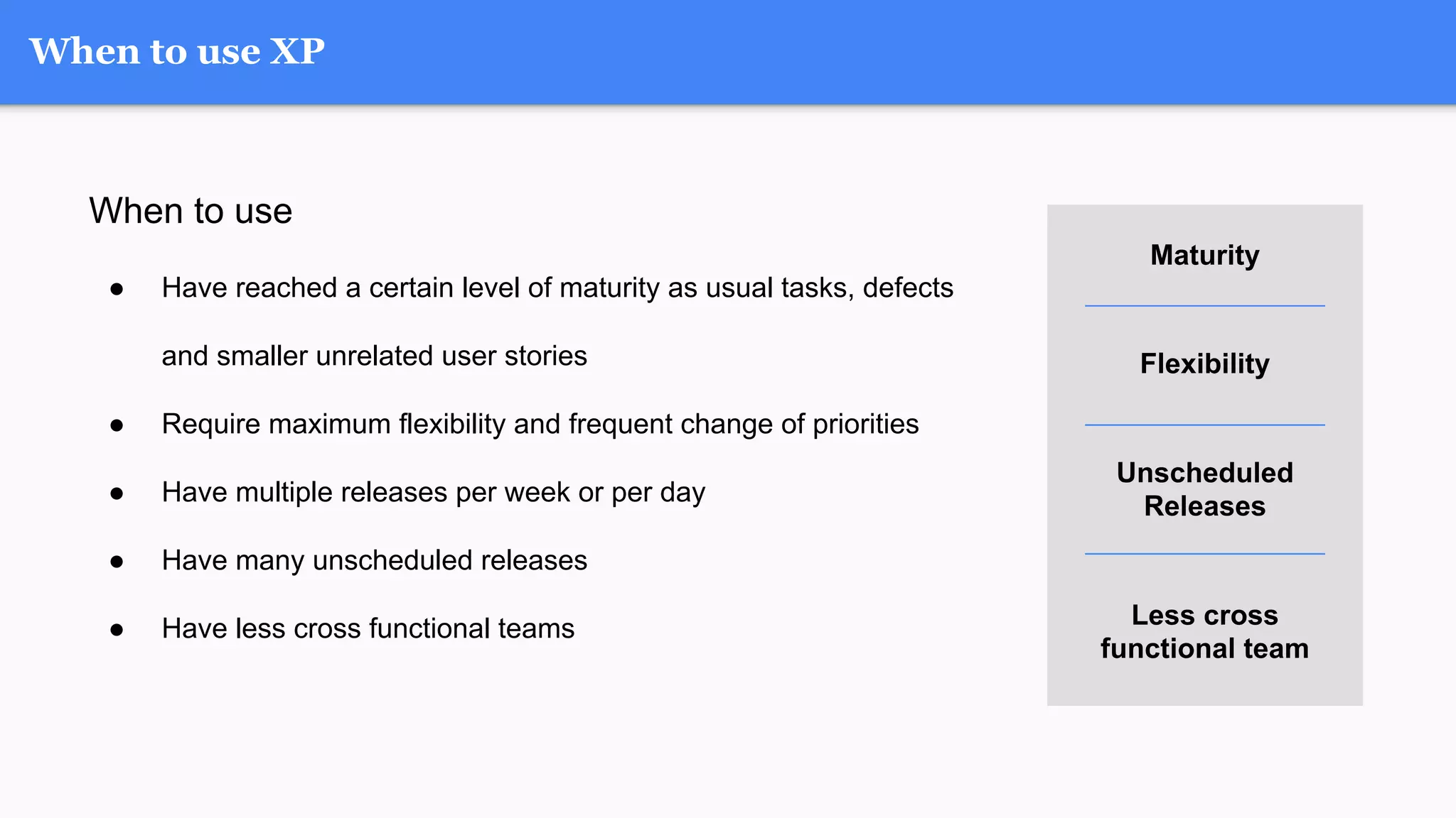 When to use XP
When to use
● Have reached a certain level of maturity as usual tasks, defects
and smaller unrelated user stories
● Require maximum flexibility and frequent change of priorities
● Have multiple releases per week or per day
● Have many unscheduled releases
● Have less cross functional teams
Maturity
Flexibility
Unscheduled
Releases
Less cross
functional team
 