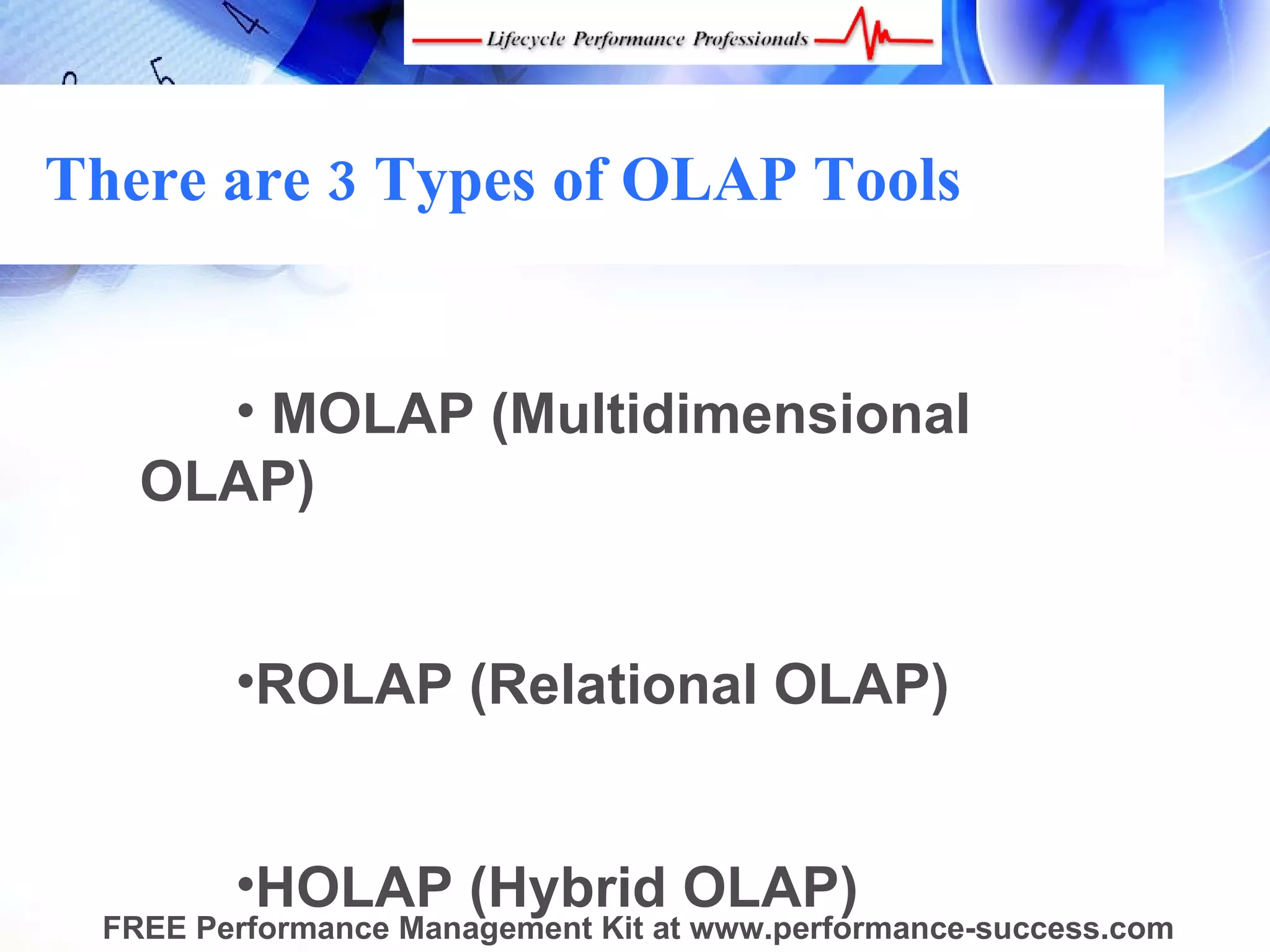 There are 3 Types of OLAP Tools


     • MOLAP (Multidimensional
   OLAP)


        •ROLAP (Relational OLAP)


        •HOLAP (Hybrid OLAP)
 FREE Performance Management Kit at www.performance-success.com
 