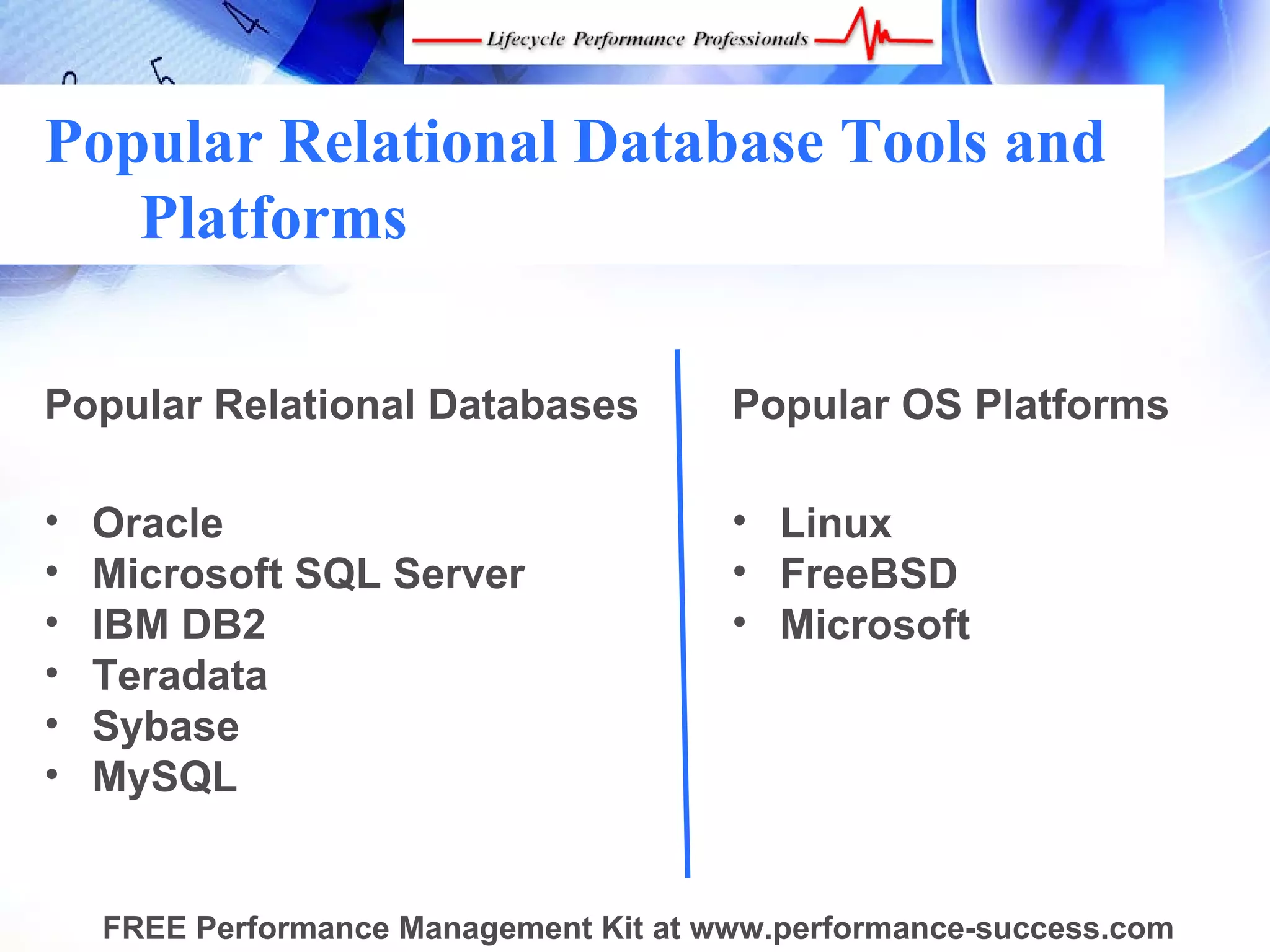 Popular Relational Database Tools and
   Platforms

Popular Relational Databases            Popular OS Platforms

•   Oracle                              • Linux
•   Microsoft SQL Server                • FreeBSD
•   IBM DB2                             • Microsoft
•   Teradata
•   Sybase
•   MySQL


    FREE Performance Management Kit at www.performance-success.com
 