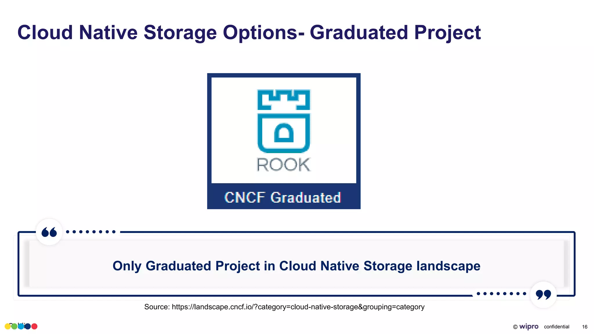 Public © confidential 16
Cloud Native Storage Options- Graduated Project
Only Graduated Project in Cloud Native Storage landscape
Source: https://landscape.cncf.io/?category=cloud-native-storage&grouping=category
 