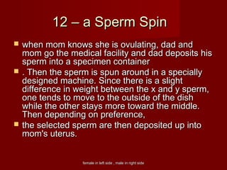female in left side , male in right sidefemale in left side , male in right side
1212 –– a Sperm Spina Sperm Spin
 when mom knows she is ovulating, dad andwhen mom knows she is ovulating, dad and
mom go the medical facility and dad deposits hismom go the medical facility and dad deposits his
sperm into a specimen containersperm into a specimen container
 . Then the sperm is spun around in a specially. Then the sperm is spun around in a specially
designed machine. Since there is a slightdesigned machine. Since there is a slight
difference in weight between the x and y sperm,difference in weight between the x and y sperm,
one tends to move to the outside of the dishone tends to move to the outside of the dish
while the other stays more toward the middle.while the other stays more toward the middle.
Then depending on preference,Then depending on preference,
 the selected sperm are then deposited up intothe selected sperm are then deposited up into
mom's uterus.mom's uterus.
 