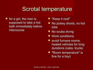 female in left side , male in right sidefemale in left side , male in right side
Scrotal temperatureScrotal temperature
 for a girl, the man isfor a girl, the man is
supposed to take a hotsupposed to take a hot
bath immediately beforebath immediately before
intercourseintercourse
 "Keep it cool""Keep it cool"
 No jockey shorts, no hotNo jockey shorts, no hot
tubstubs
 No scuba divingNo scuba diving
 Work conditionsWork conditions::
 avoid furnace rooms,avoid furnace rooms,
heated vehicles for longheated vehicles for long
durations (cabs, trucksdurations (cabs, trucks
 "Room temperature" is"Room temperature" is
fine for a boyfine for a boy))
 
