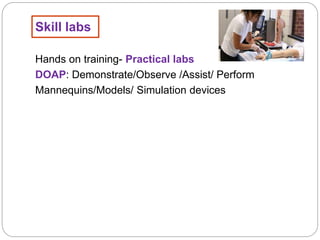 Skill labs
Hands on training- Practical labs
DOAP: Demonstrate/Observe /Assist/ Perform
Mannequins/Models/ Simulation devices
 