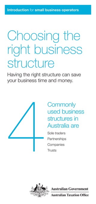 Introduction for small business operators




Choosing the
right business
structure
Having the right structure can save
your business time and money.




4
                       Commonly
                       used business
                       structures in
                       Australia are
                       Sole traders
                       Partnerships
                       Companies
                       Trusts
 