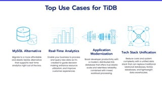 Top Use Cases for TiDB
MySQL Alternative
Migrate to a more affordable
and elastic MySQL alternative
that supports real-time
analytics right out of the box.
Real-Time Analytics
Enable your business to process
and query new data as it’s
created to guide decision
making, enhance resource
utilization, and improve
customer experiences.
Application
Modernization
Boost developer productivity with
a modern, distributed SQL
database that offers true elastic
scale and relentless reliability
combined with mixed
workload processing.
Tech Stack Uniﬁcation
Reduce costs and system
complexity with a unified data
stack that can replace traditional
relational databases, NoSQL
databases, and lightweight
data warehouses.
 
