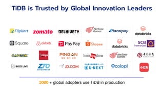 TiDB is Trusted by Global Innovation Leaders
3000 + global adopters use TiDB in production
 