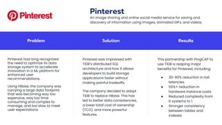 Problem Solution Results
Pinterest had long recognized
the need to optimize its data
storage system to accelerate
innovation in a ML platform for
enhanced user
recommendations.
Using HBase, the company was
carrying a large data footprint
that was becoming way too
expensive, way too time
consuming and complex to
manage, and too slow to meet
user expectations.
Pinterest was impressed with
TiDB’s distributed SQL
architecture and how it allows
developers to build storage
applications faster without
making painful tradeoffs.
The company decided to adopt
TiDB to replace HBase. This has
led to better data consistencies,
a lower total cost of ownership
(TCO), and more powerful
features.
This partnership with PingCAP to
use TiDB is reaping major
benefits for Pinterest, including:
● 30-90% reduction in tail
latencies
● 50%+ reduction in
hardware instance costs
● Reduced complexity from
6 systems to 1
● Stronger consistency
between tables and
indexes
Pinterest
An image sharing and online social media service for saving and
discovery of information using images, animated GIFs, and videos.
 