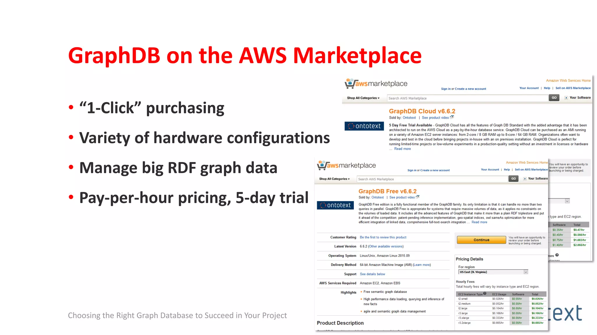 GraphDB on the AWS Marketplace
• “1-Click” purchasing
• Variety of hardware configurations
• Manage big RDF graph data
• Pay-per-hour pricing, 5-day trial
27Nov 2015Feb 2016Choosing the Right Graph Database to Succeed in Your Project
 