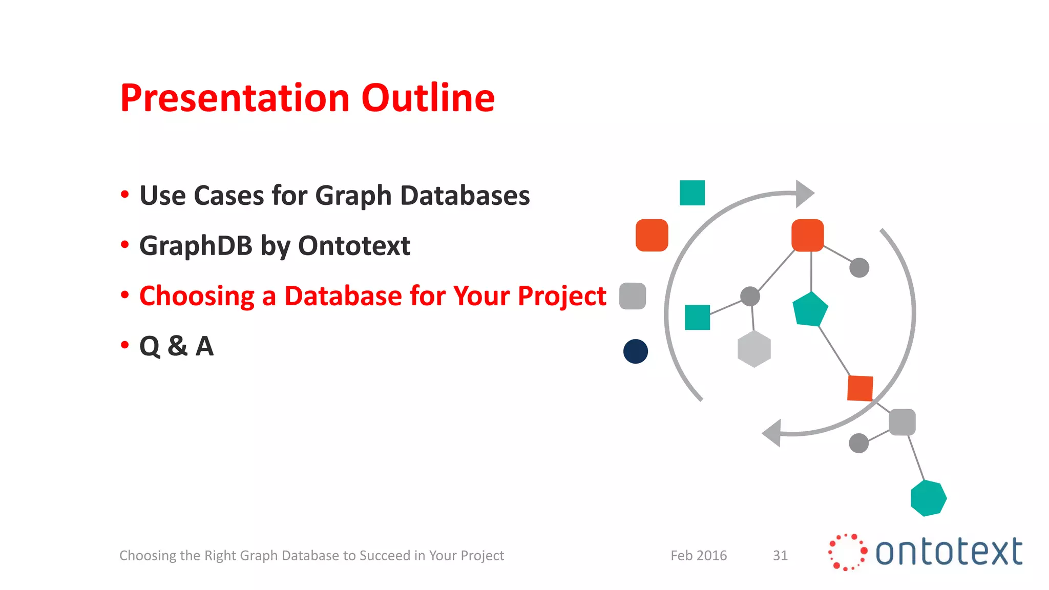 Presentation Outline
• Use Cases for Graph Databases
• GraphDB by Ontotext
• Choosing a Database for Your Project
• Q & A
31Feb 2016Choosing the Right Graph Database to Succeed in Your Project
 