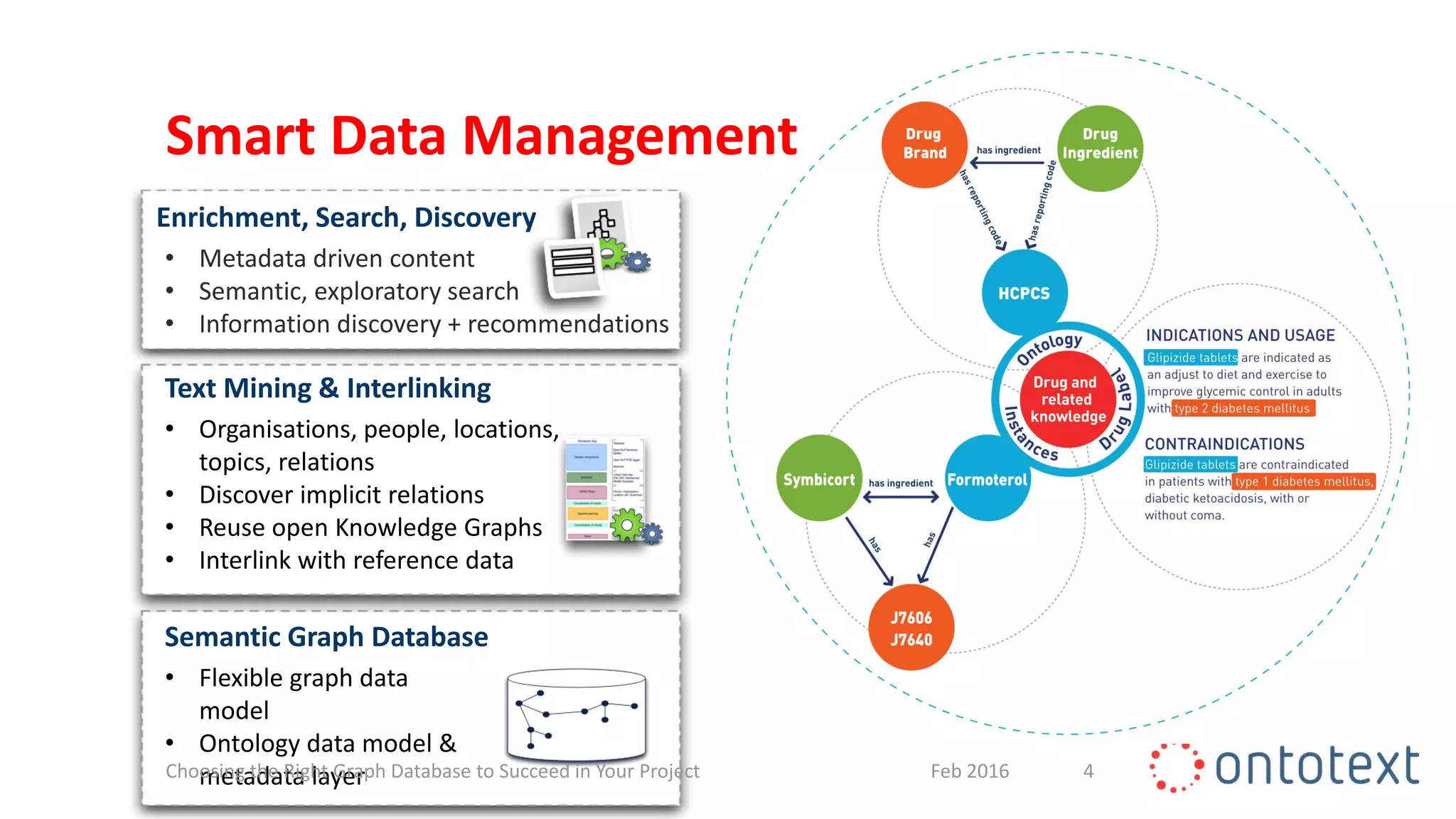 Smart Data Management
4
Semantic Graph Database
• Flexible graph data
model
• Ontology data model &
metadata layer
Enrichment, Search, Discovery
• Metadata driven content
• Semantic, exploratory search
• Information discovery + recommendations
Text Mining & Interlinking
• Organisations, people, locations,
topics, relations
• Discover implicit relations
• Reuse open Knowledge Graphs
• Interlink with reference data
Feb 2016Choosing the Right Graph Database to Succeed in Your Project
 