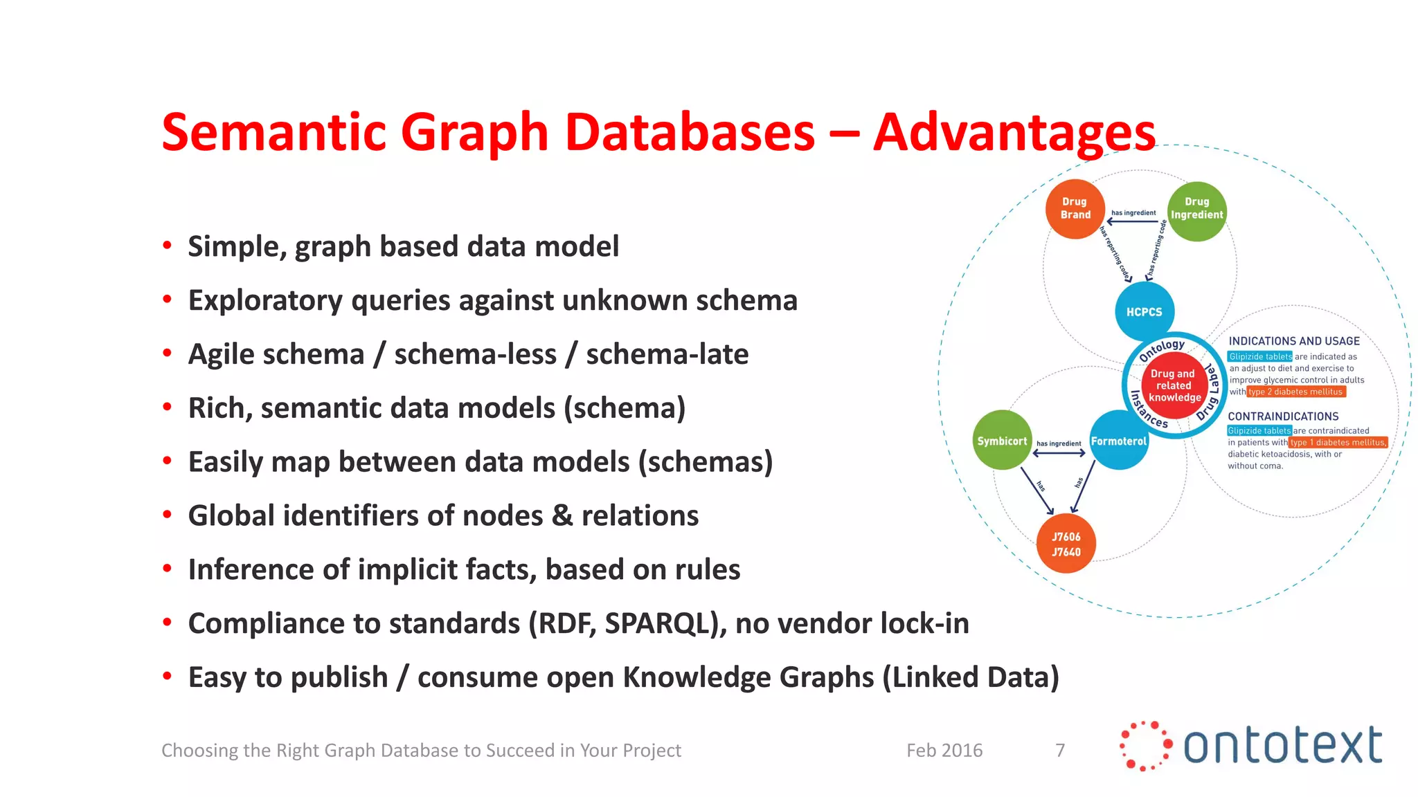 Semantic Graph Databases – Advantages
• Simple, graph based data model
• Exploratory queries against unknown schema
• Agile schema / schema-less / schema-late
• Rich, semantic data models (schema)
• Easily map between data models (schemas)
• Global identifiers of nodes & relations
• Inference of implicit facts, based on rules
• Compliance to standards (RDF, SPARQL), no vendor lock-in
• Easy to publish / consume open Knowledge Graphs (Linked Data)
7Feb 2016Choosing the Right Graph Database to Succeed in Your Project
 