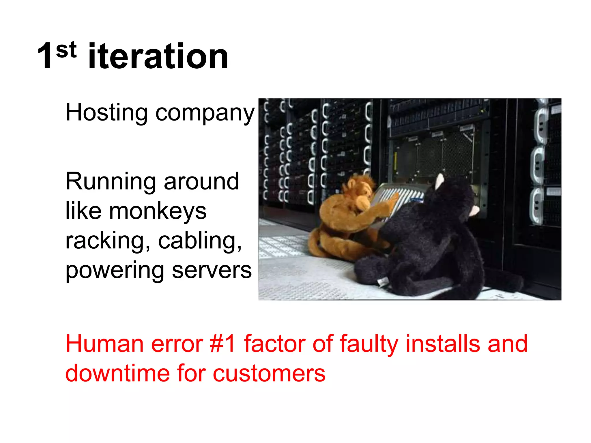 1st iteration
 Hosting company

 Running around
 like monkeys
 racking, cabling,
 powering servers


 Human error #1 factor of faulty installs and
 downtime for customers
 