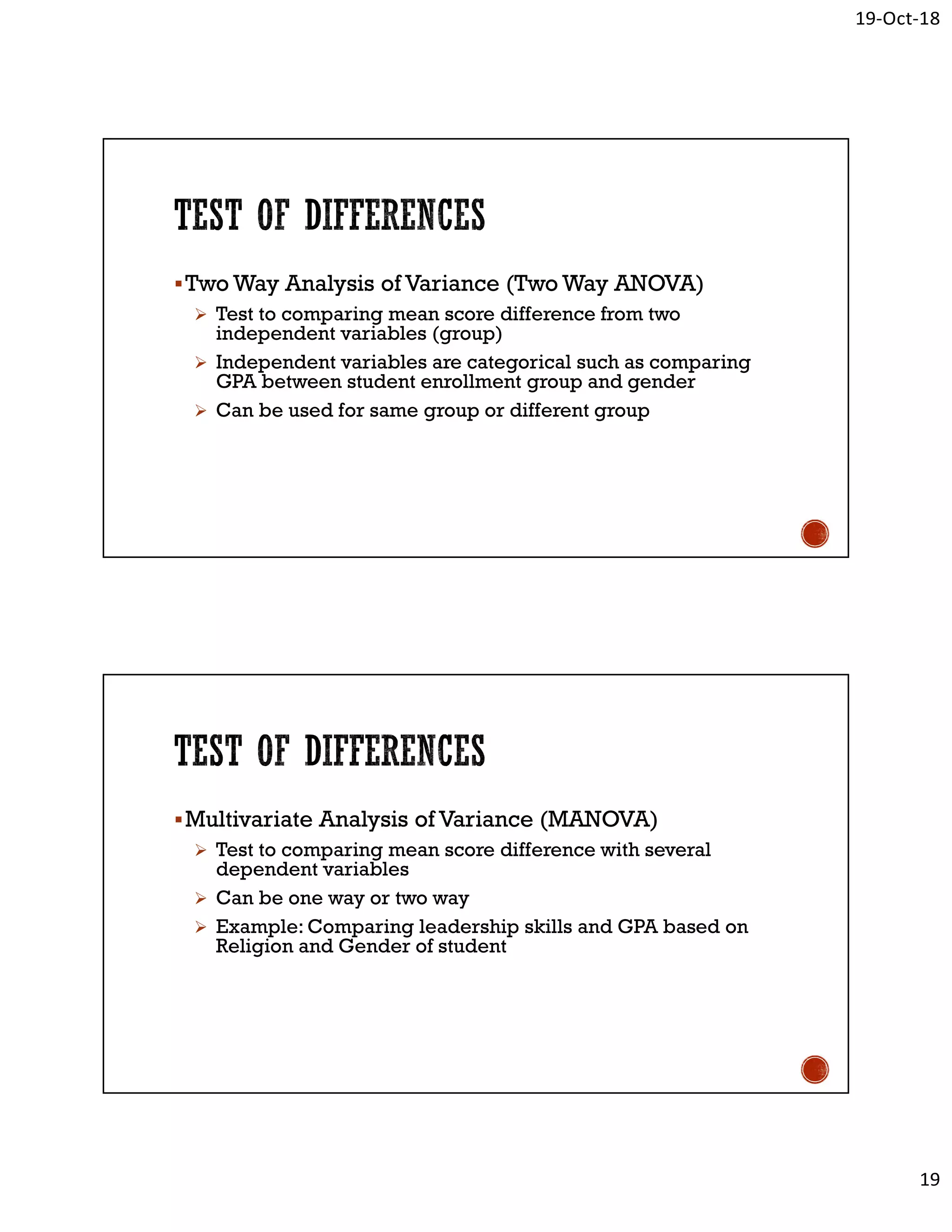 19-Oct-18
19
Two Way Analysis of Variance (Two Way ANOVA)
 Test to comparing mean score difference from two
independent variables (group)
 Independent variables are categorical such as comparing
GPA between student enrollment group and gender
 Can be used for same group or different group
Multivariate Analysis of Variance (MANOVA)
 Test to comparing mean score difference with several
dependent variables
 Can be one way or two way
 Example: Comparing leadership skills and GPA based on
Religion and Gender of student
 