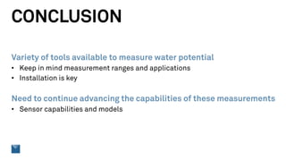 CONCLUSION
Variety of tools available to measure water potential
• Keep in mind measurement ranges and applications
• Installation is key
Need to continue advancing the capabilities of these measurements
• Sensor capabilities and models
 