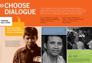 Choose
Dialogue
EVERYONE
HAS A STORY

Photo courtesy of Arn Chorn Pond (left), Photos by Chean Long, Courtesy of Cambodian Living Arts (middle and right)

How does sharing
stories help build an
inclusive community?

In 1979, 14-year-old Arn Chorn, a survivor of the Cambodian genocide, stumbled into a
refugee camp on the border of Cambodia and Thailand. A year after his adoption by a United
Nations volunteer, Arn was a high school student in rural New Hampshire, struggling to fit in.
Today he uses his voice to engage people across the globe in peace and non-violence.
“This is very different from having power
with guns. I feel power just standing there
and talking for the first time.”
Arn Chorn Pond

“He told us about the suffering he went
through . . . He wasn’t a stranger any more after
you heard what he had to say . . .”
Boston high school student

From language difficulties to cultural differences, adjusting to life in America was
a challenge. While some classmates tried to reach out, others ignored or made fun
of him. Gradually, with help from his parents and teachers, Arn began to speak
publicly about his experiences and the importance of sharing stories with one
another. He has founded several human rights organizations dedicated to rebuilding
hope and spreading peace throughout the world.

At the age of nine, Arn was separated from his family and
taken to a work camp run by the Khmer Rouge, a fanatical
communist group. He learned to play the traditional
Cambodian flute and perform propaganda songs, a talent
that saved his life. Before long, Arn was on the frontlines of
battle, forced to fight for the very people who killed his family.
Eventually he escaped and made his way to freedom.

Arn’s engagement with young people
often incorporates his boyhood love of
music. Preserving Cambodian traditions
is one focus of his humanitarian efforts.

The Choosing to Participate posters were created by Facing History and Ourselves
and the Smithsonian Institution Traveling Exhibition Service to encourage dialogue,
engagement, respect, and participation in our communities. For program resources,
visit www.choosingtoparticipate.org or www.sites.si.edu.

 