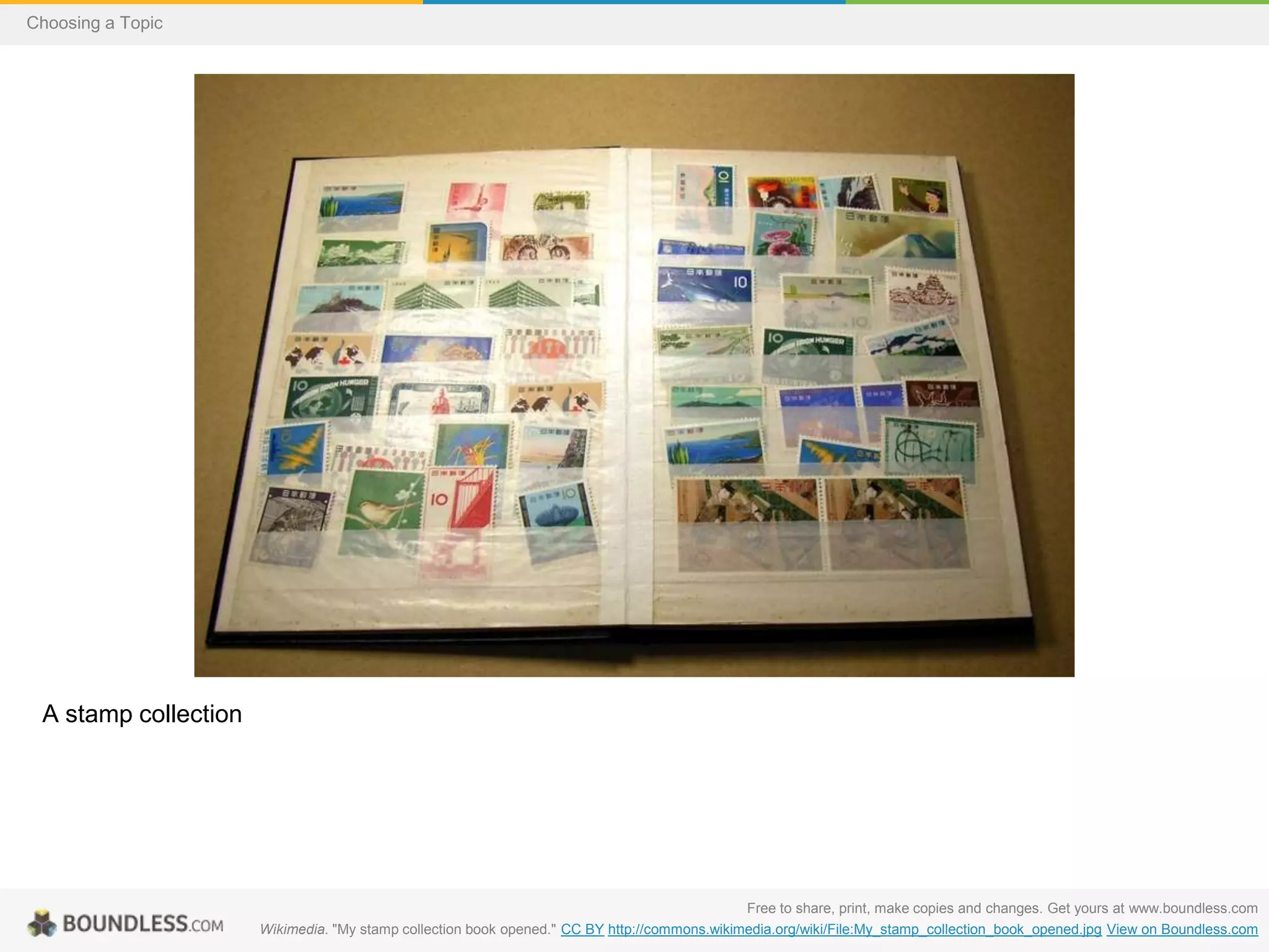 Choosing a Topic

A stamp collection

Free to share, print, make copies and changes. Get yours at www.boundless.com
Wikimedia. "My stamp collection book opened." CC BY http://commons.wikimedia.org/wiki/File:My_stamp_collection_book_opened.jpg View on Boundless.com

 