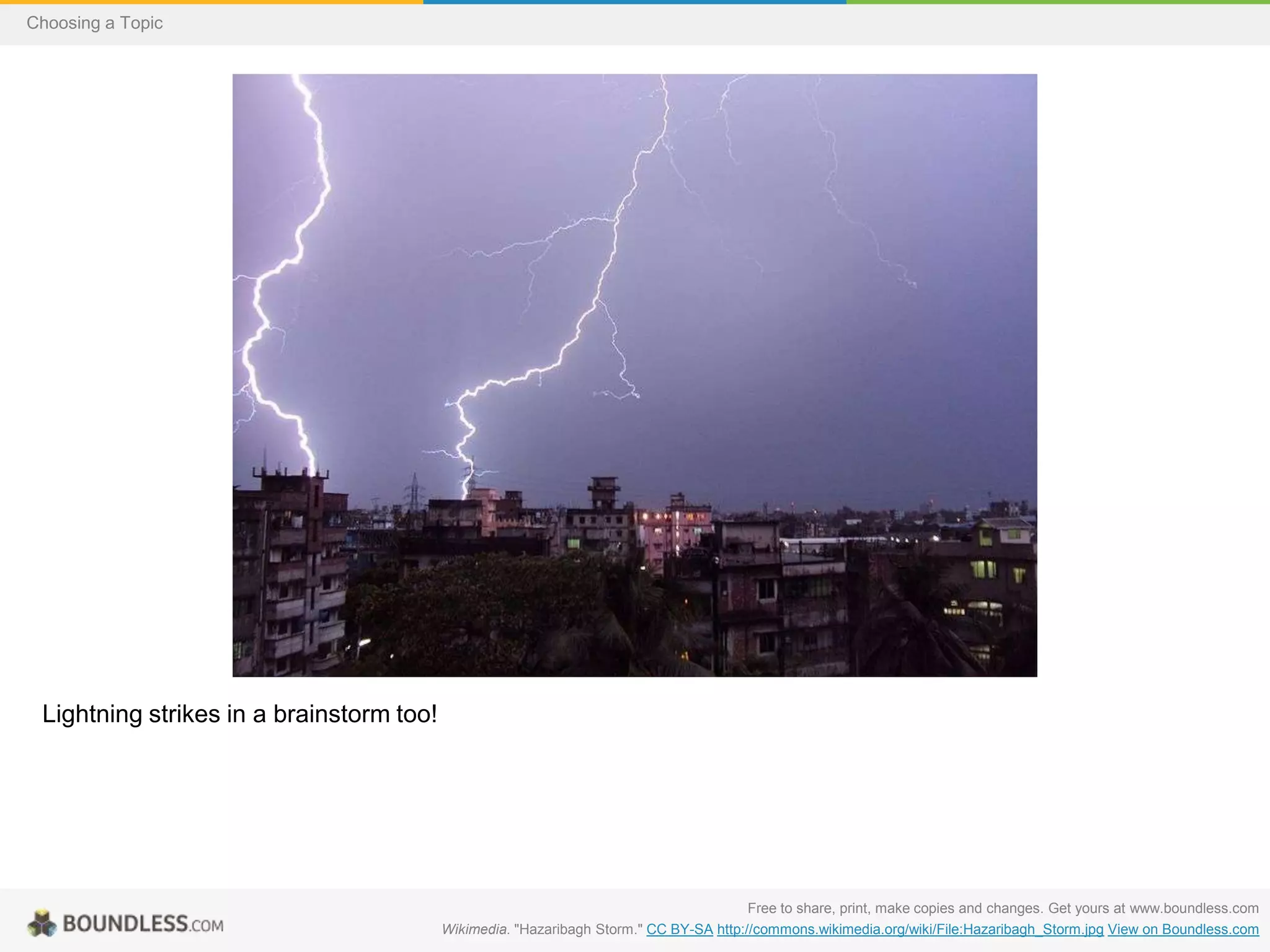 Choosing a Topic

Lightning strikes in a brainstorm too!

Free to share, print, make copies and changes. Get yours at www.boundless.com
Wikimedia. "Hazaribagh Storm." CC BY-SA http://commons.wikimedia.org/wiki/File:Hazaribagh_Storm.jpg View on Boundless.com

 