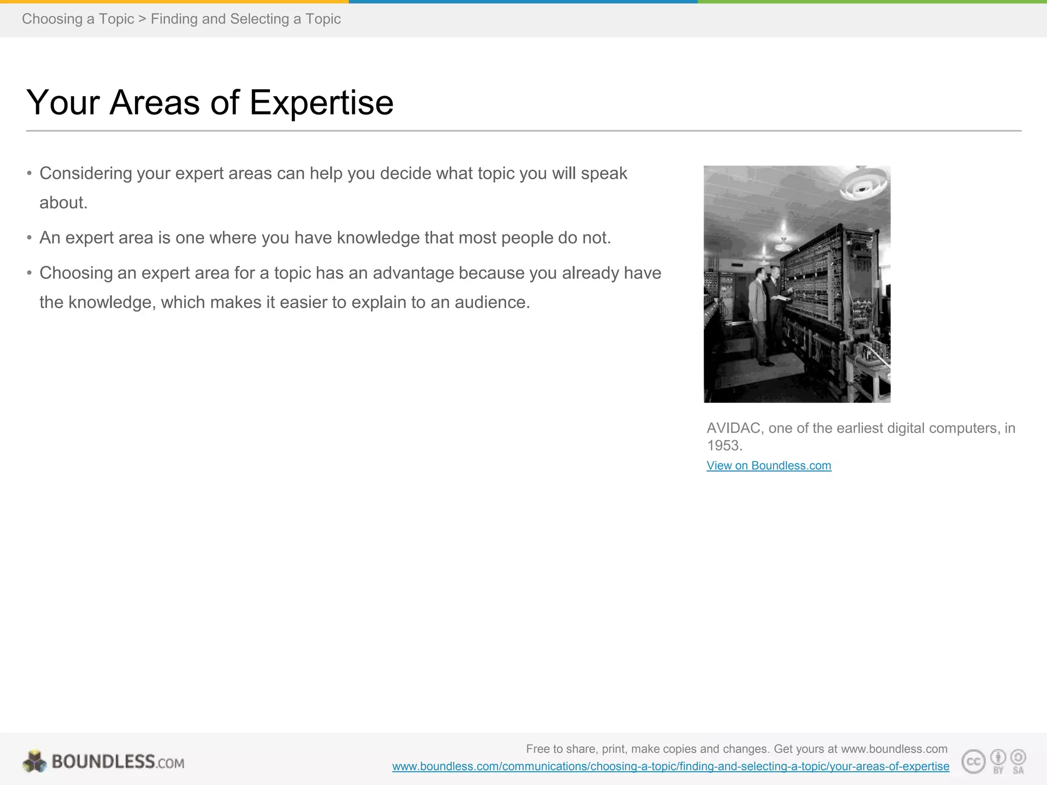 Choosing a Topic > Finding and Selecting a Topic

Your Areas of Expertise
• Considering your expert areas can help you decide what topic you will speak
about.
• An expert area is one where you have knowledge that most people do not.

• Choosing an expert area for a topic has an advantage because you already have
the knowledge, which makes it easier to explain to an audience.

AVIDAC, one of the earliest digital computers, in
1953.
View on Boundless.com

Free to share, print, make copies and changes. Get yours at www.boundless.com
www.boundless.com/communications/choosing-a-topic/finding-and-selecting-a-topic/your-areas-of-expertise

 