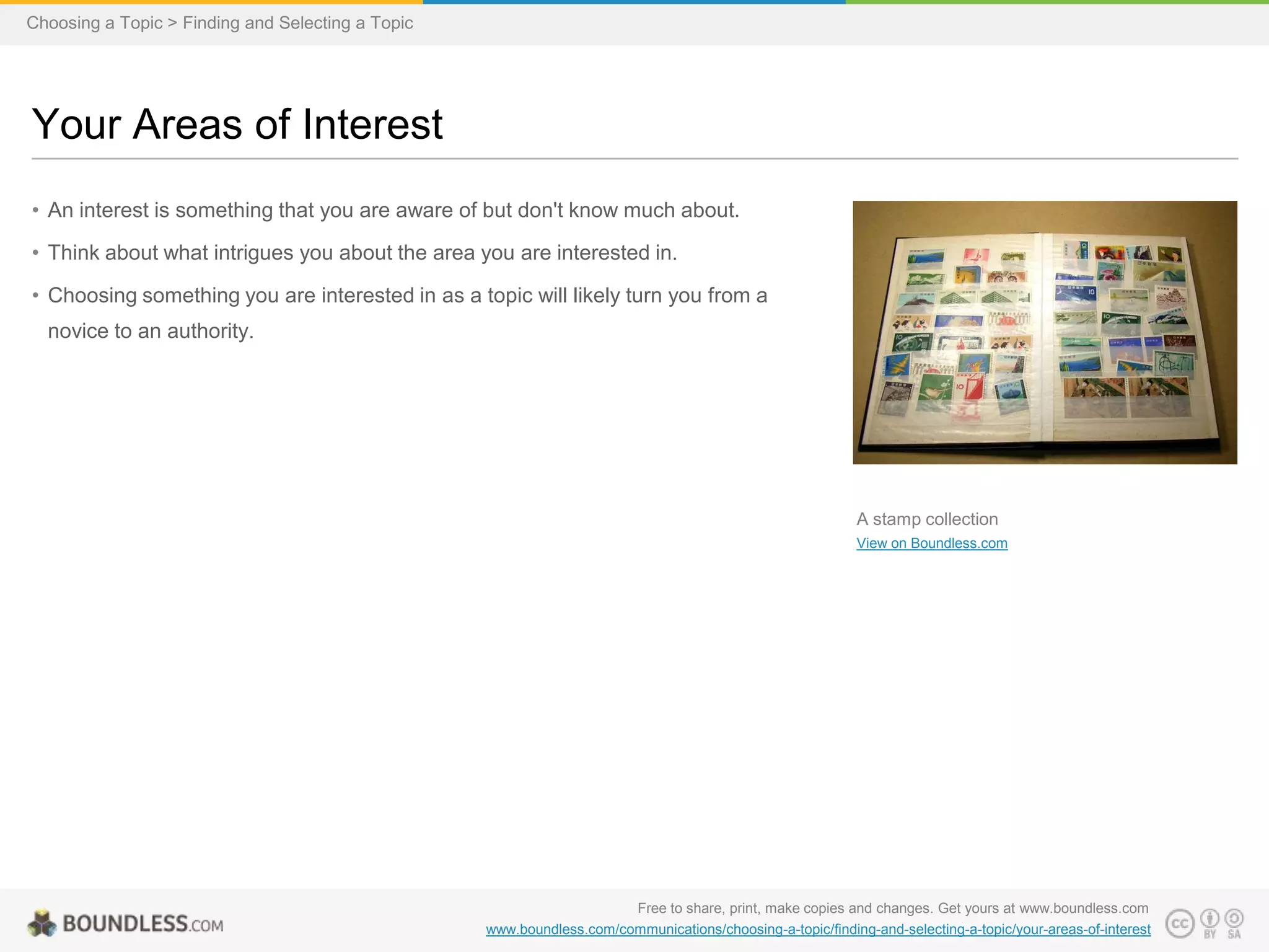 Choosing a Topic > Finding and Selecting a Topic

Your Areas of Interest
• An interest is something that you are aware of but don't know much about.
• Think about what intrigues you about the area you are interested in.
• Choosing something you are interested in as a topic will likely turn you from a

novice to an authority.

A stamp collection
View on Boundless.com

Free to share, print, make copies and changes. Get yours at www.boundless.com
www.boundless.com/communications/choosing-a-topic/finding-and-selecting-a-topic/your-areas-of-interest

 