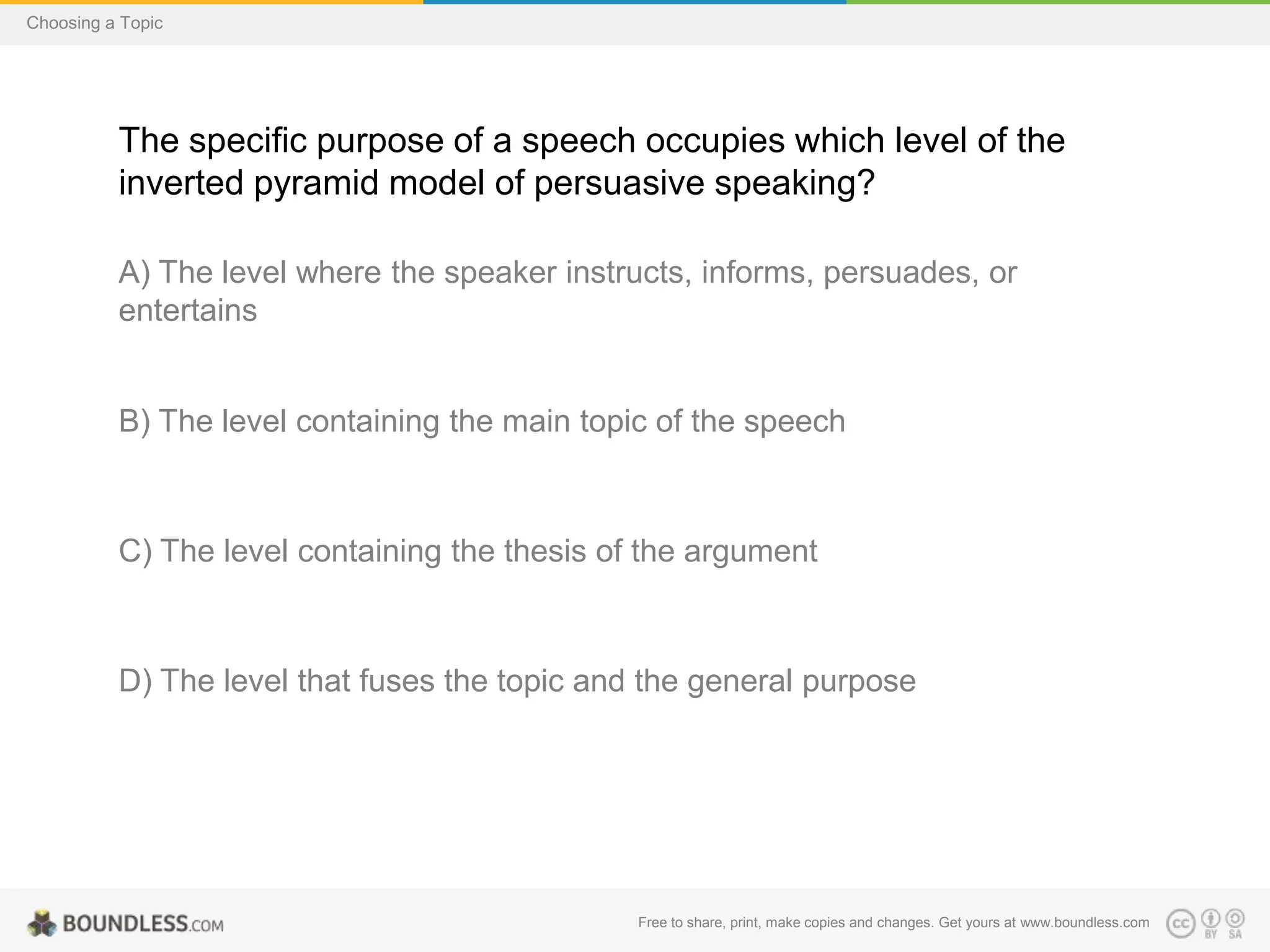 Choosing a Topic

The specific purpose of a speech occupies which level of the
inverted pyramid model of persuasive speaking?
A) The level where the speaker instructs, informs, persuades, or
entertains

B) The level containing the main topic of the speech

C) The level containing the thesis of the argument

D) The level that fuses the topic and the general purpose

Free to share, print, make copies and changes. Get yours at www.boundless.com

 
