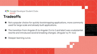 NEDUET
Tradeoffs
● Not a popular choice for quickly bootstrapping applications, more commonly
used for large scale and already built applications.
● The transition from AngularJS to Angular (1.6 to 2 and later) was a substantial
rewrite and introduced several breaking changes. (Angular ivy 9+ too)
● Steeper learning curve.
 