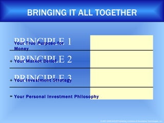 BRINGING IT ALL TOGETHER PRINCIPLE 2 Your Market Belief + = Your Personal Investment Philosophy PRINCIPLE 1 Your True Purpose for Money PRINCIPLE 3 Your Investment Strategy + 