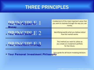 THREE PRINCIPLES PRINCIPLE 2 Your Market Belief + A statement of the most important value that you want to express through the way you use money. Identifying exactly what you believe about how the market works. The method you want to utilize as you create an investment portfolio for the future. Your guide for all future investing decision. = Your Personal Investment Philosophy PRINCIPLE 1 Your True Purpose for Money PRINCIPLE 3 Your Investment Strategy + 