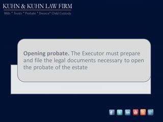 Opening probate. The Executor must prepare
and file the legal documents necessary to open
the probate of the estate
 
