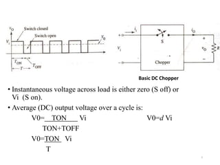 • Instantaneous voltage across load is either zero (S off) or
Vi (S on).
• Average (DC) output voltage over a cycle is:
V0= TON Vi V0=d Vi
TON+TOFF
V0=TON Vi
T
5
Basic DC Chopper
 