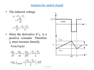 Analysis for switch closed
• The inductor voltage
• Since the derivative if iL is a
positive constant. Therefore
iL must increase linearly.
A. K. Gautam
 